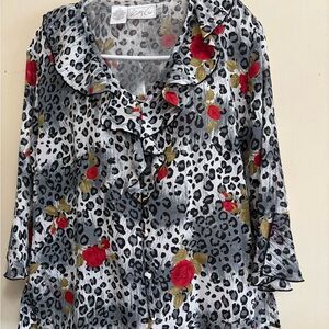 Cathy Che Floral Leopard Print 3/4 Sleeve Blouse Size 12